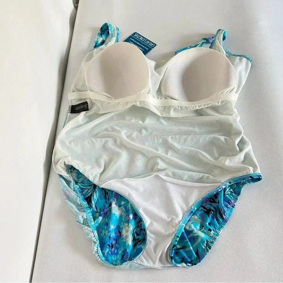 Great Lengths Full Coverage One Piece Swimsuit Size 24 Blue Multi Tummy Control - Picture 10 of 13